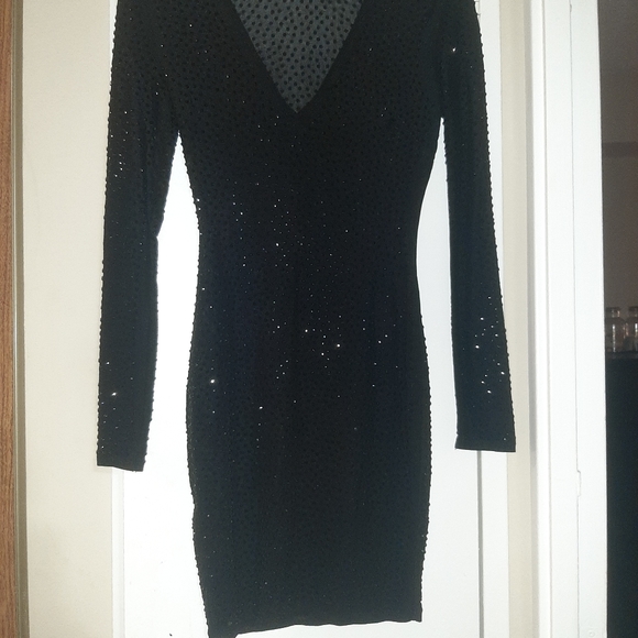 Black Long Sleeved See-through Sequin Mini Dress, Size M - Picture 2 of 3